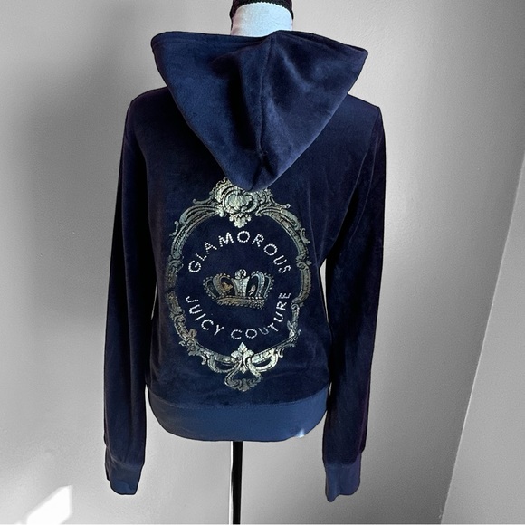 Juicy Couture Navy Blue Velour Zip Up Hoodie Size Large - Picture 5 of 8